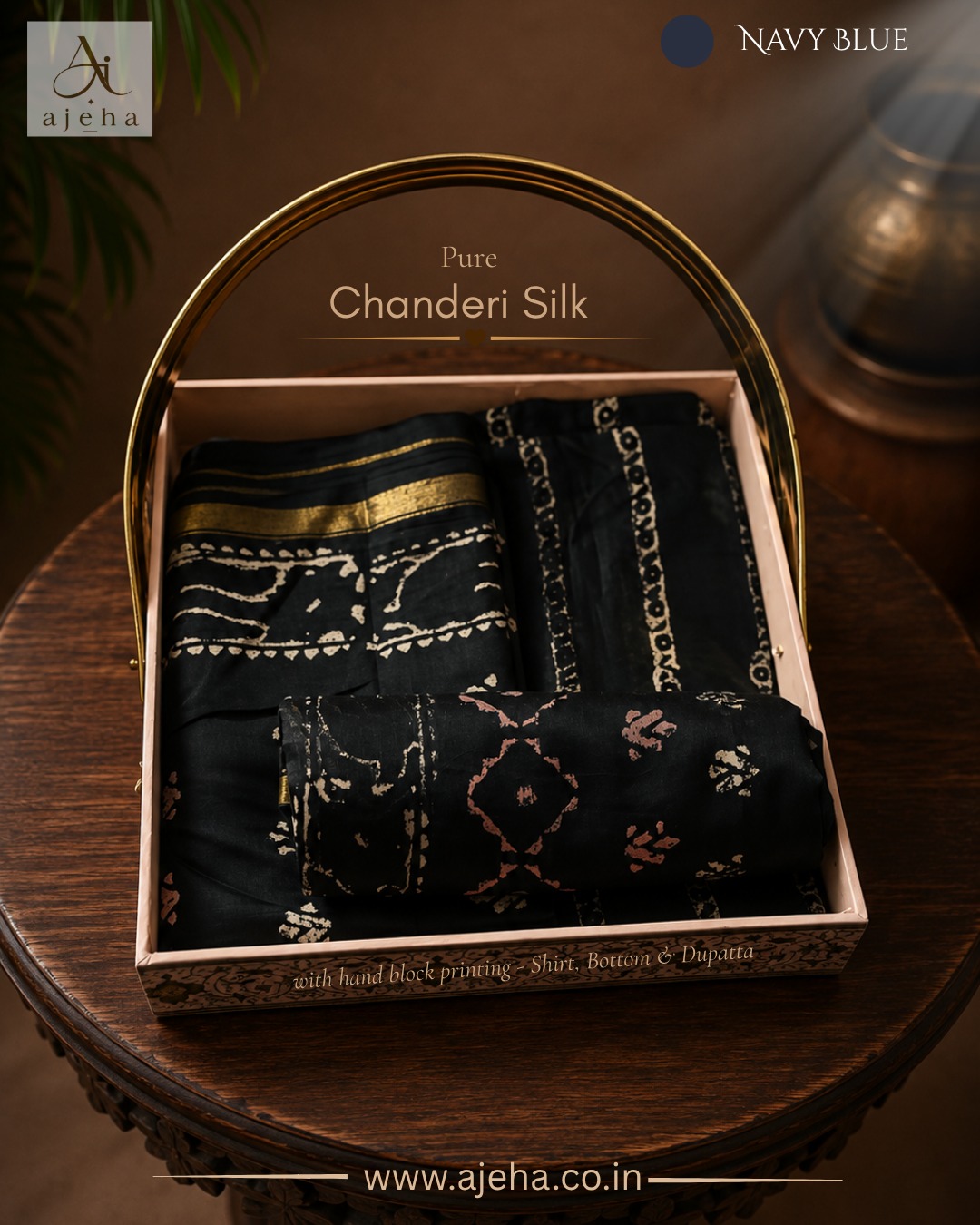 Navy Blue Pure Chanderi Silk