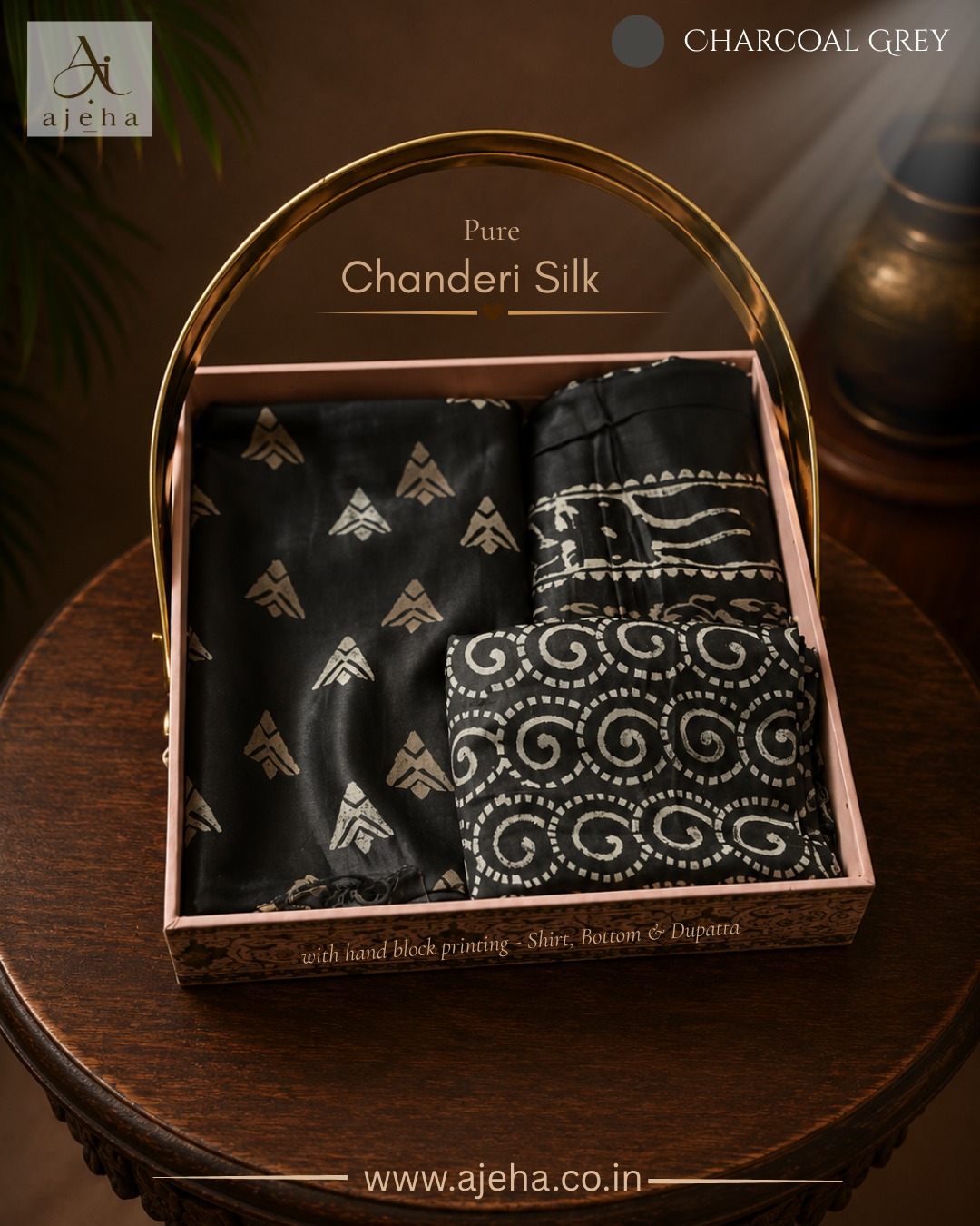 Charcoal Grey Pure Chanderi Silk