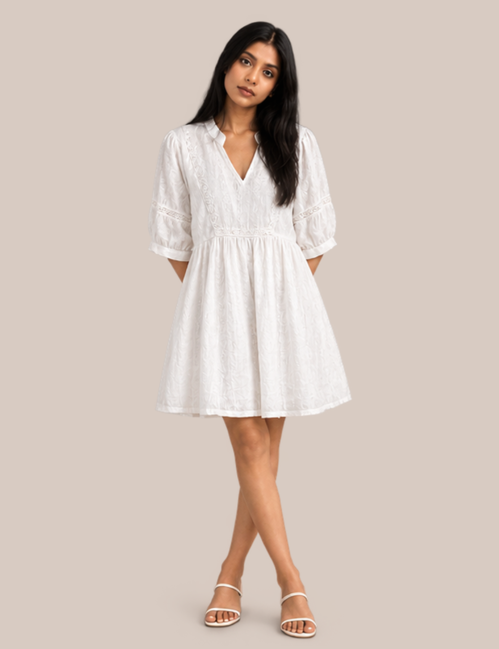 White Embroidered Linen-Style Mini Dress